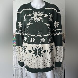 Cat Warehouse CATastrophic Christmas Sweater in green and cream colors Size XL